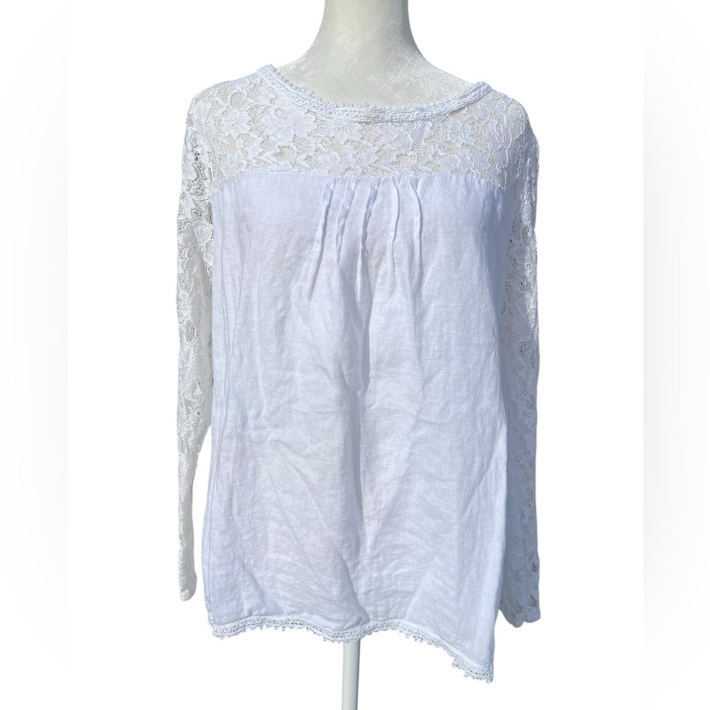 Lungo L'arno Italy-Made 100% Linen Floral Lace Euro Coastal Chic S Blouse Amalfi